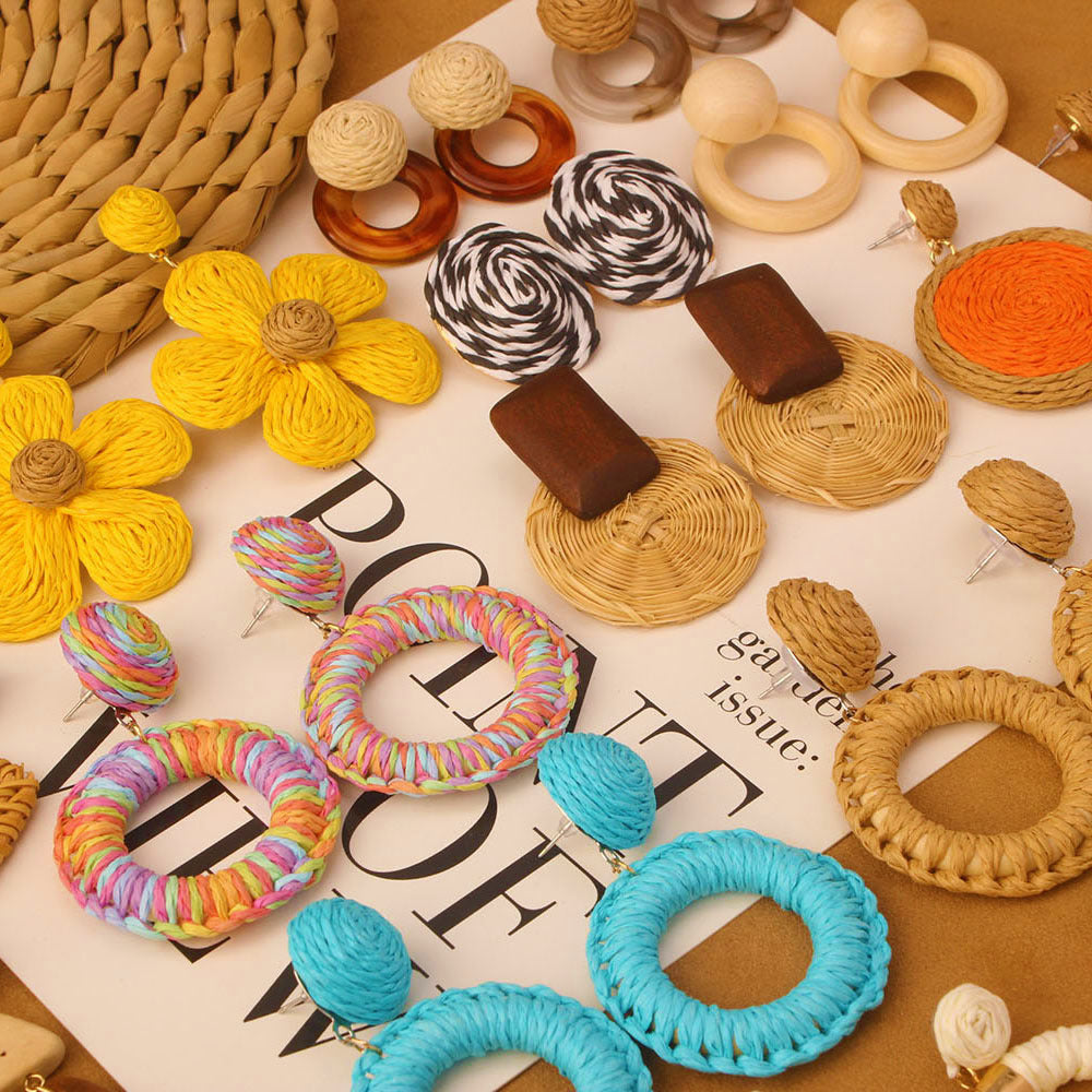 Retro Beach Vacation Bohemian Grass Rattan Woven Female Temperament Long Earrings