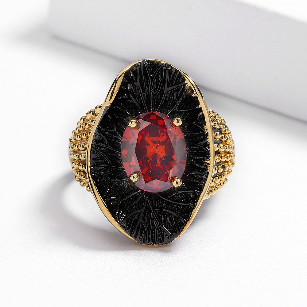 Irregular Black Gold Red Zircon Bohemian Ring