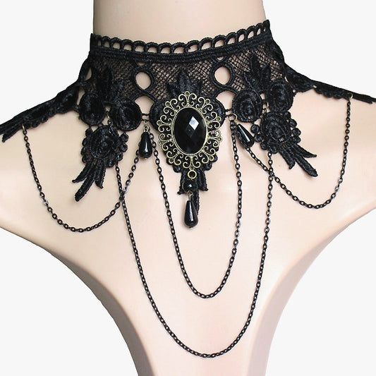 Lace Big Stone Wide Black Punk Necklaces