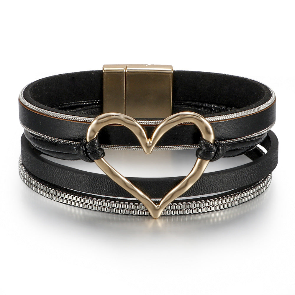 Women's Bohemian Style Leather Heart Fashion Magnetic Bracelet