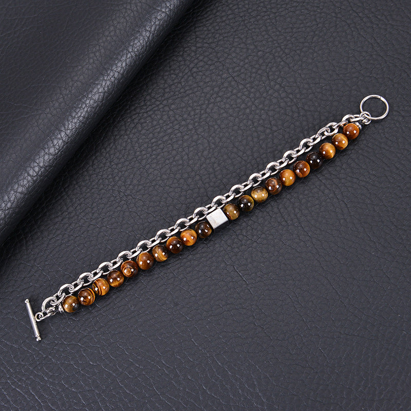 Men's Stainless Steel Square Black Magnet Beaded Bracelet