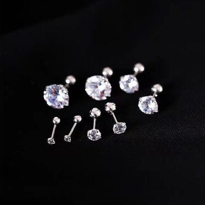 Women's Sier Round Zircon Screw Tightening Buckle Simple Earrings