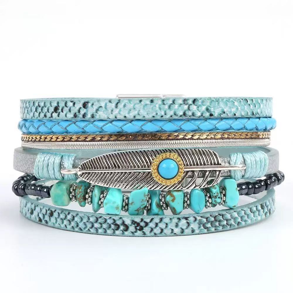 Women's Bohemian Style Gravel Feather Leather For Bracelet