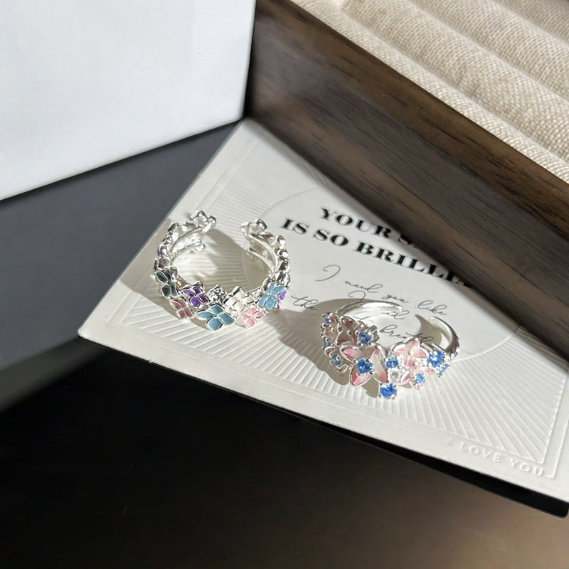 Sweet Style Colored Glaze Flower Twin Open Female Niche Design Ring