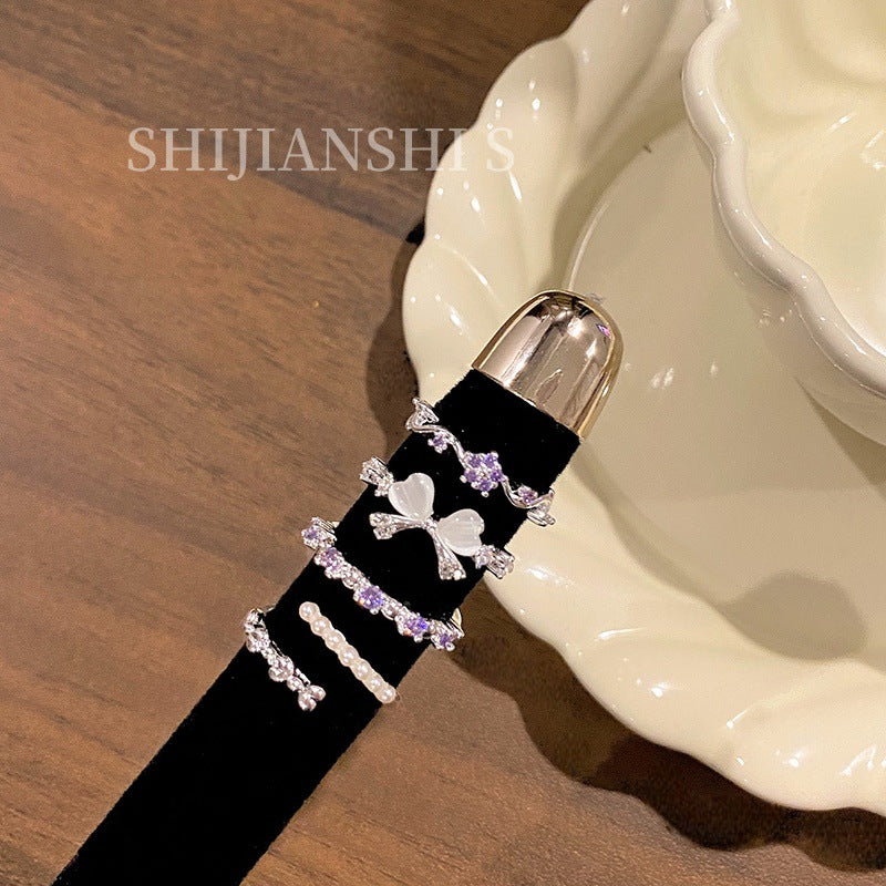 Purple Cherry Sier Room Milk White Cat's Eye Butterfly Tassel Ring