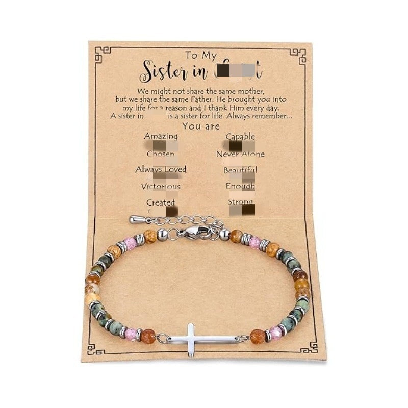 Women's Natural Stone Beaded Cross Lobster Buckle Adjustable Band Bracelet