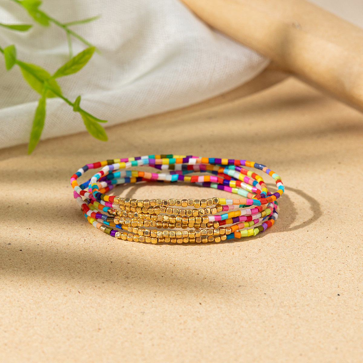 Women's Bohemian Vacation Style Twin Design Sense Glass Beads Stretch Bracelet
