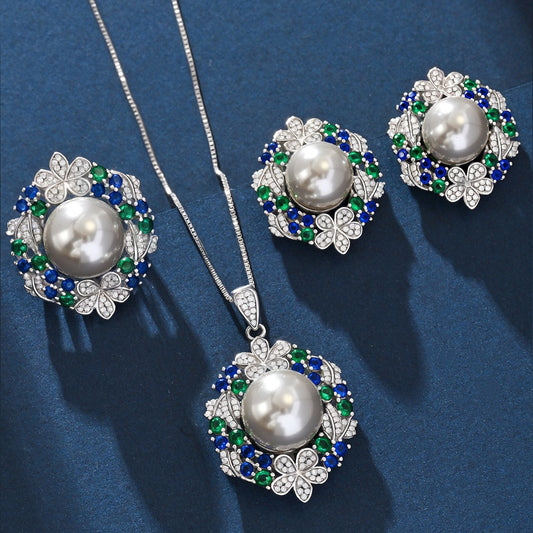 Women's Emerald Sunflower Pearl High-grade Ear Jewelry Set