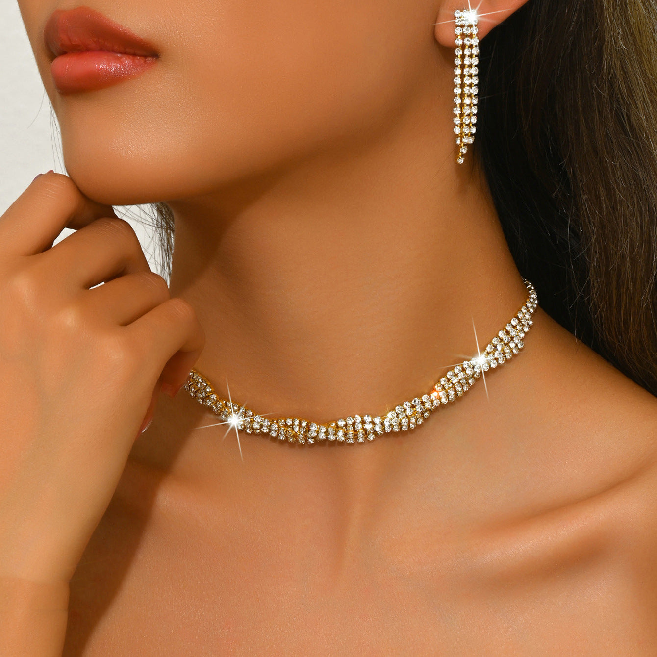 Women's Popular Wedding Dress Bridal Rhinestone Two-piece Necklaces