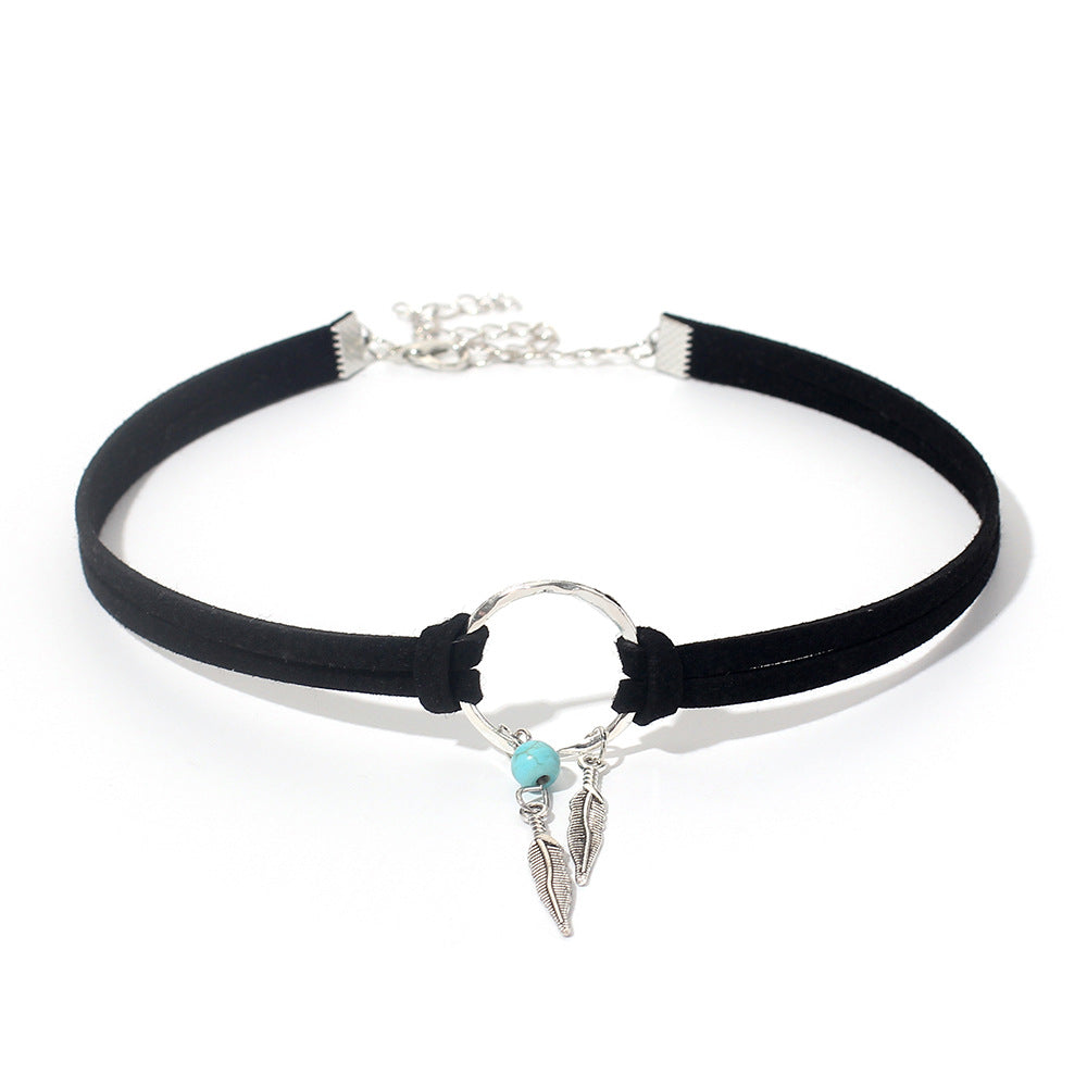 Women's Geometric Round Loop Veet Leaves Turquoise Double Layer For Neck Collar