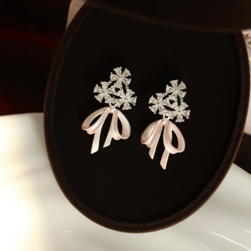 Sier Needle Drop Oil Zircon Flower Bow Simple Sweet Stud Earrings