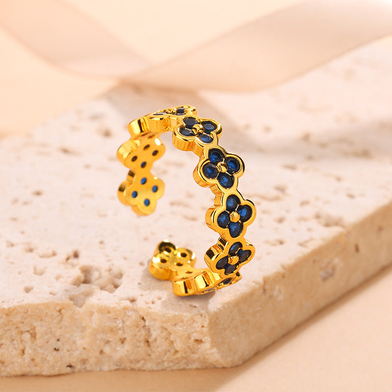 Luxury Copper Inlaid Color Diamond Clover Open Adjustable Elegant Ring