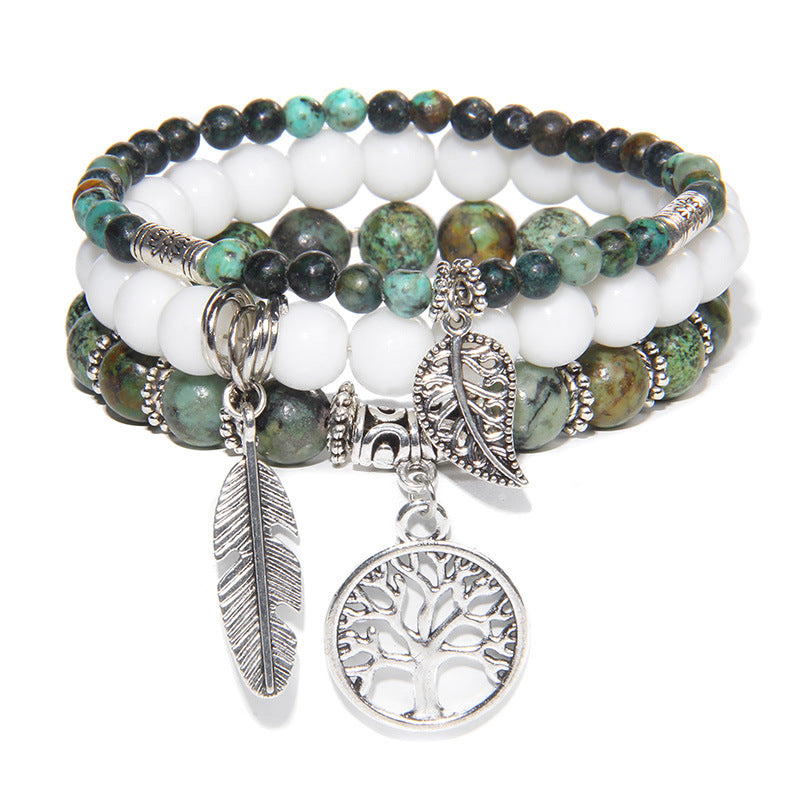 Women's Stone Bead Three-piece Tree Of Life Feather Vintage Bracelets