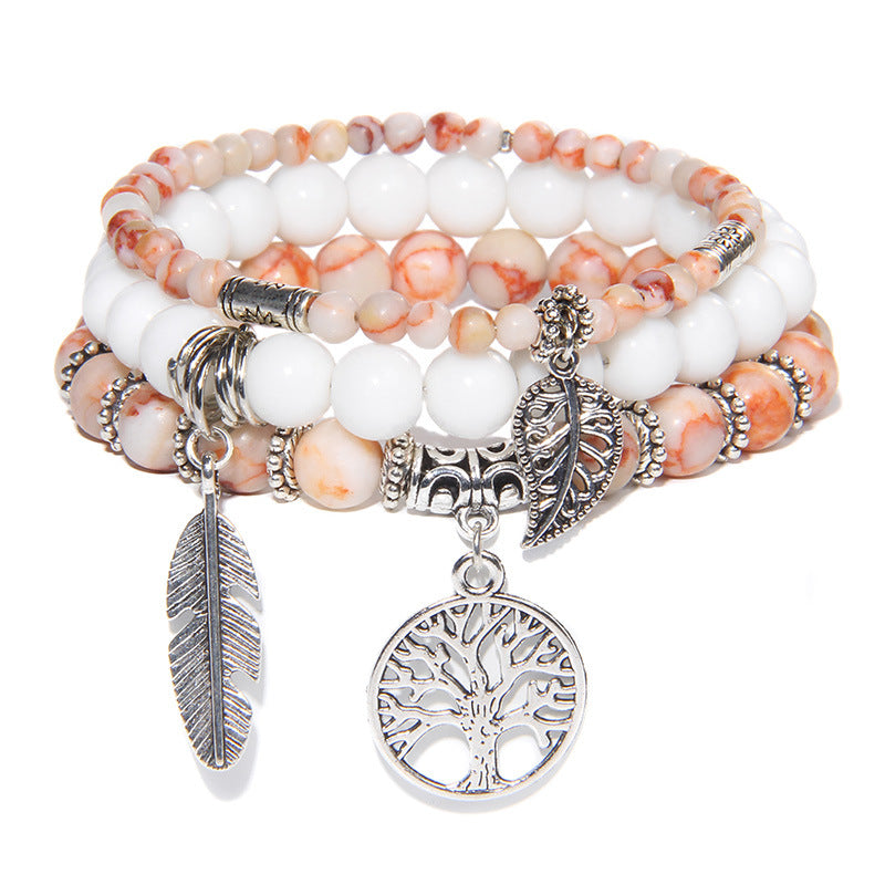 Women's Stone Bead Three-piece Tree Of Life Feather Vintage Bracelets