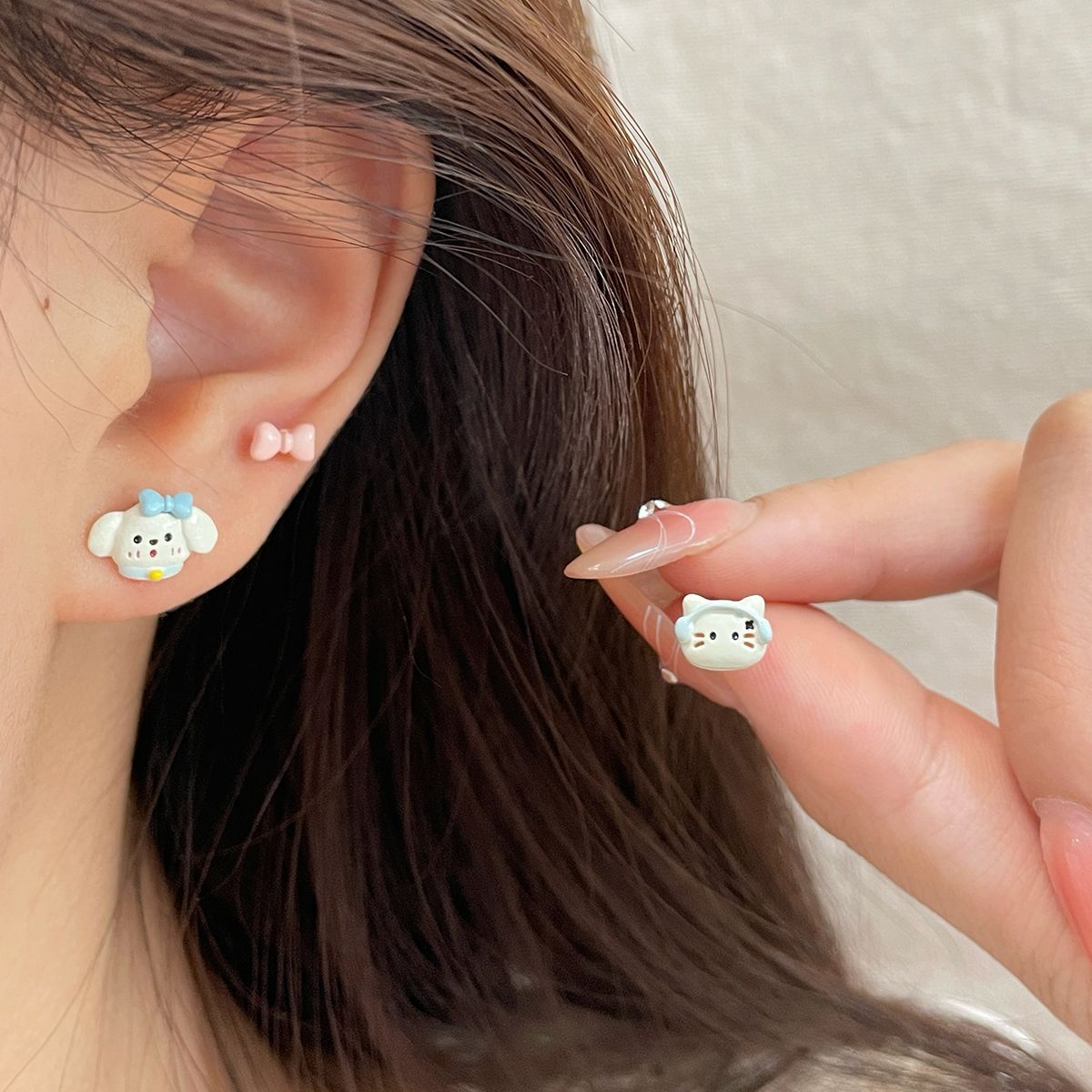 Cute Cartoon Cat Peach Heart Three-piece Set Funny Exquisite Earrings