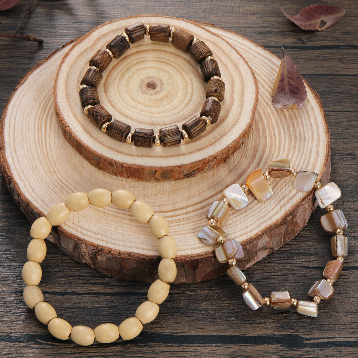 Chinese Retro Three-piece Natural Shell Wood Beaded Elastic Bracelets