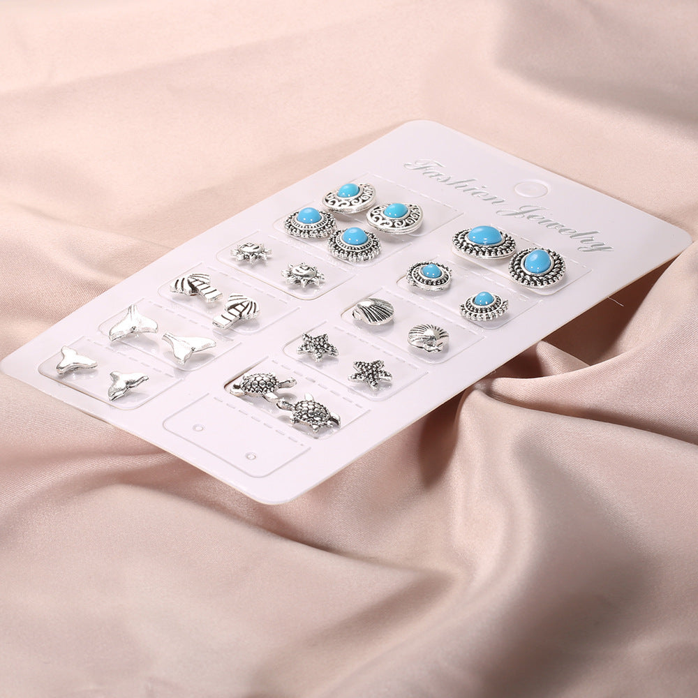 Hollow Carved Turquoise Starfish Turtle Fishtail Stud Earrings