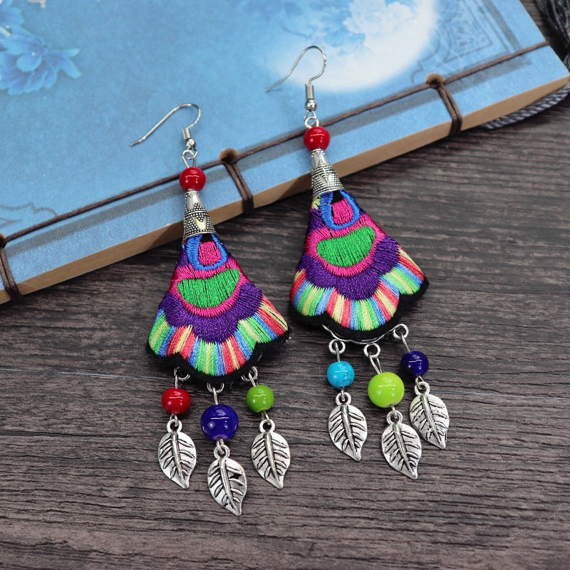 Women's Retro Ethnic Style Handmade Embroidered Fabric Long Flower Earrings