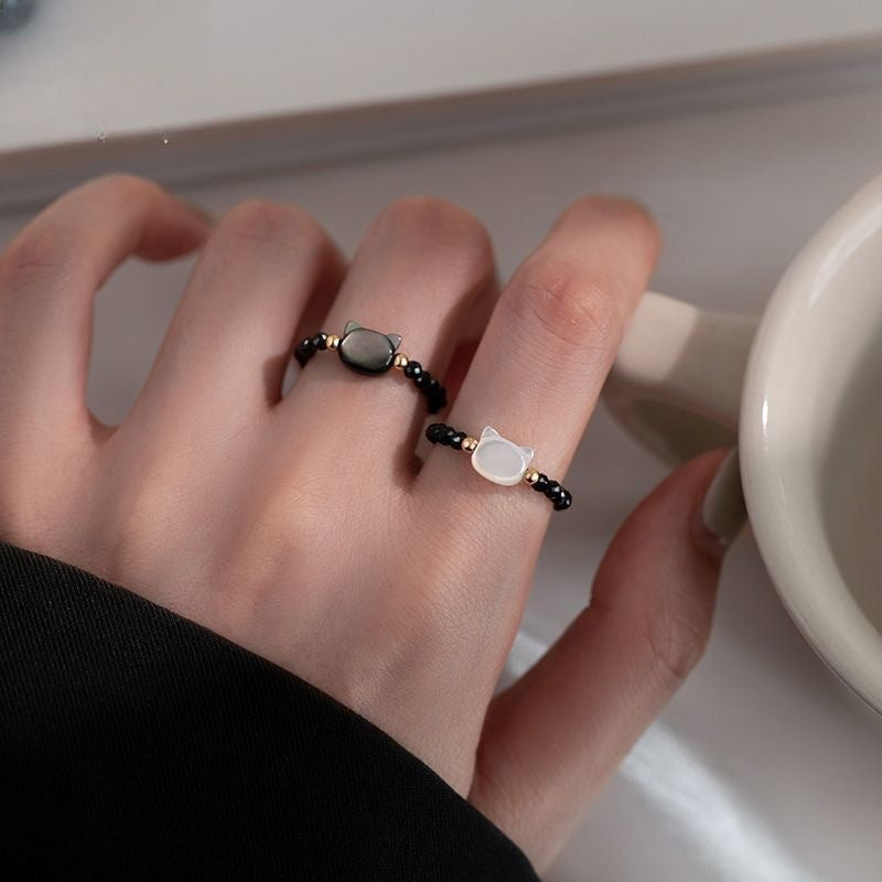 Cat Beaded Female Black White Head Rings
