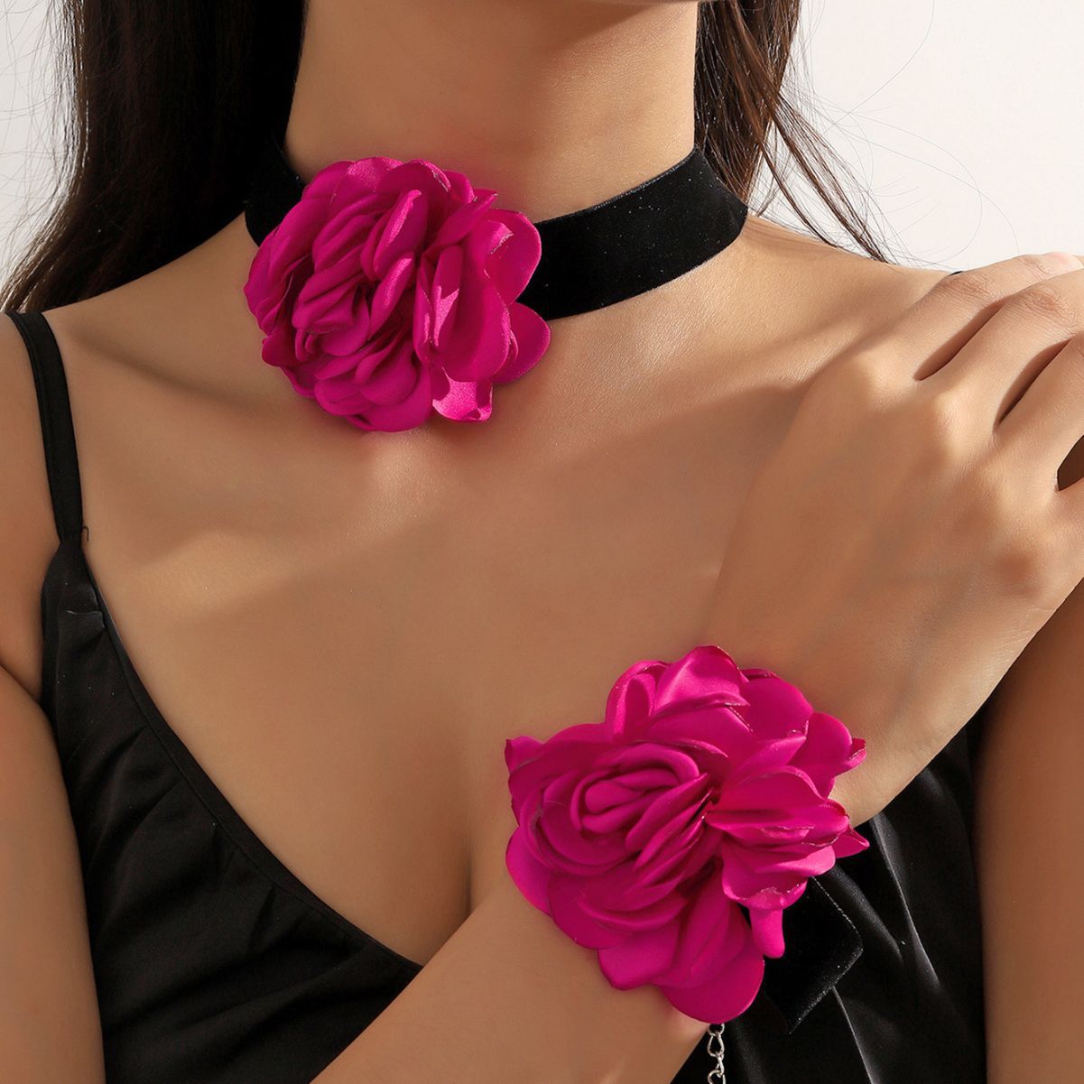 Handmade Rose Flower Exaggerated Flocking French Necklaces