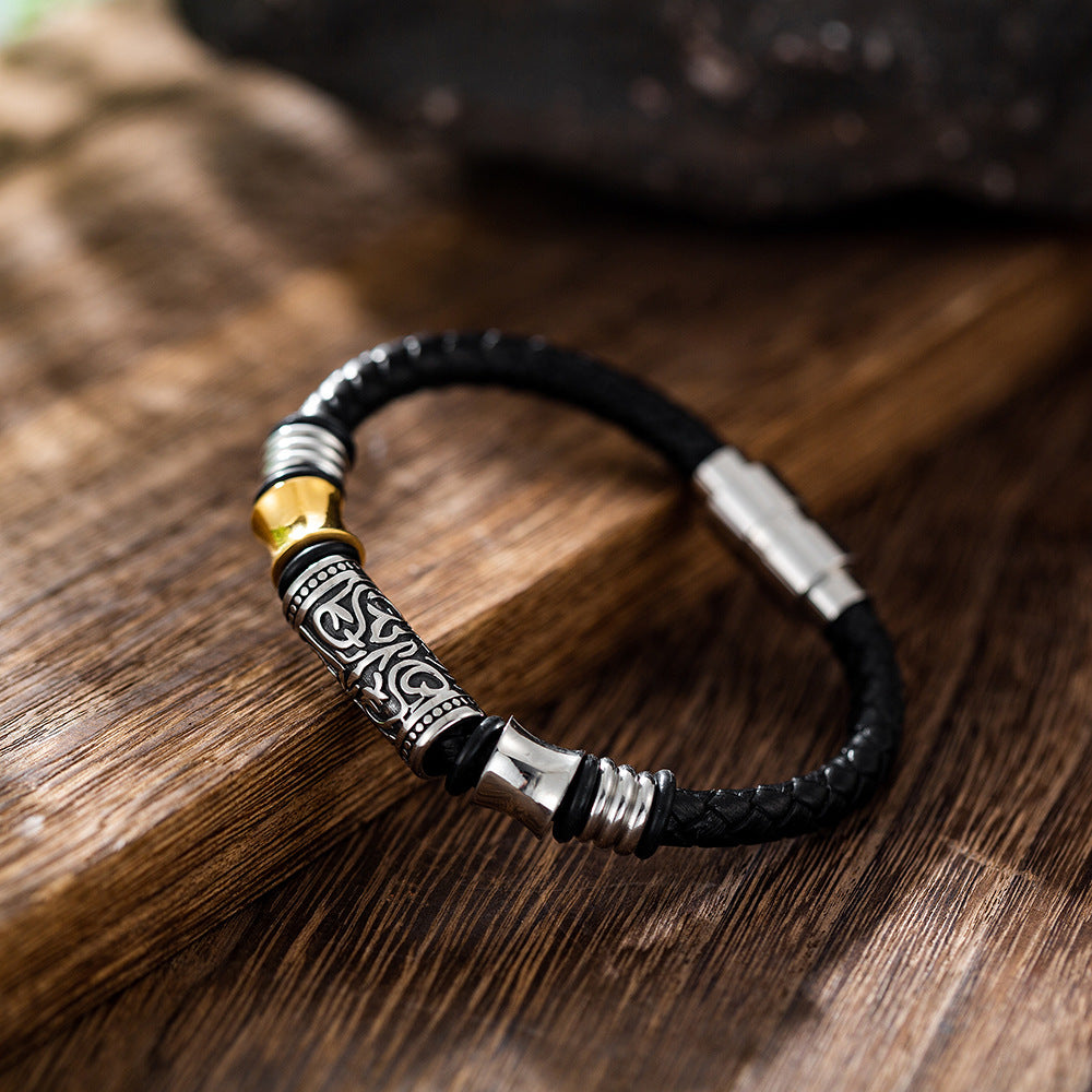 Men's Vintage Weave Leather Titanium Steel Hip Bracelet