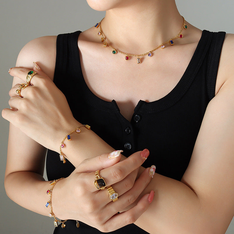Korean Style Personalized Trendy Niche Popular Colorful Zircon Gold Jewelry Set