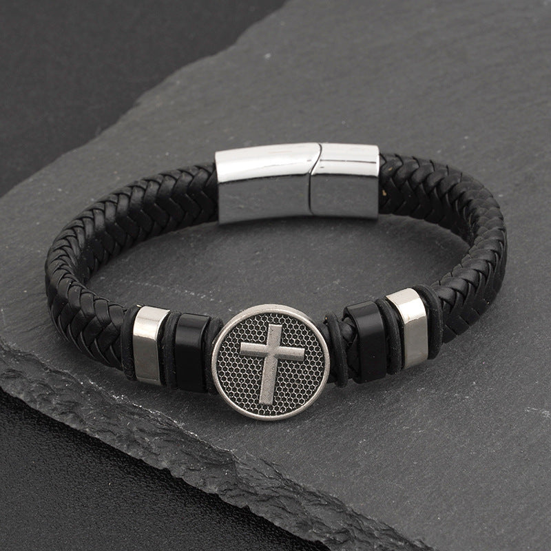 Men's Woven Punk Cowhide Magnetic Snap Cross Bracelets