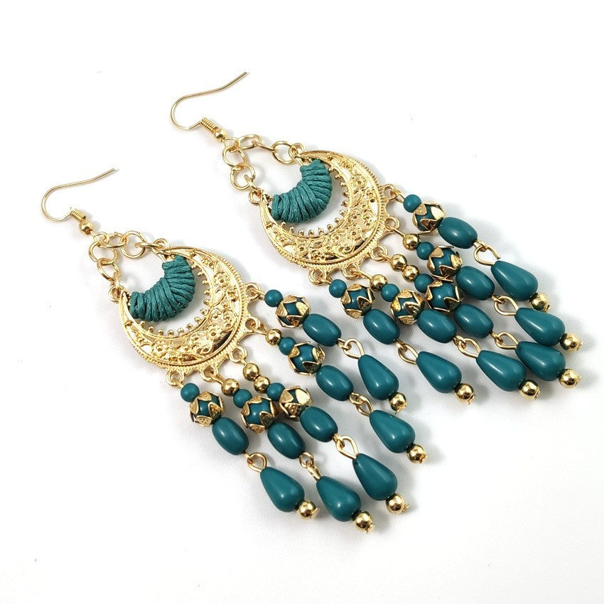 Resource Korean Fashion Crescent-shaped Bohemian Water Drop Tassel Earrings
