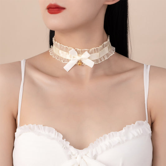 Women's Black Bow Ruffled Super Fairy Retro Little Bell Necklaces