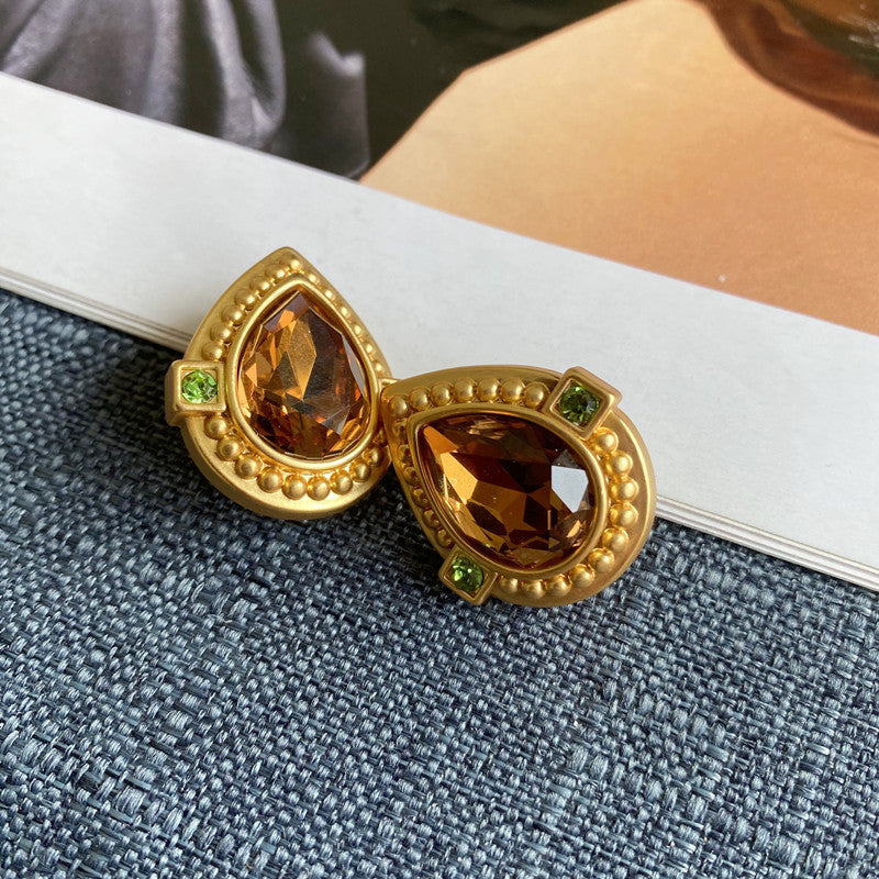 Retro Matte Brass Texture Heart Color Glass Ear Stud Earrings
