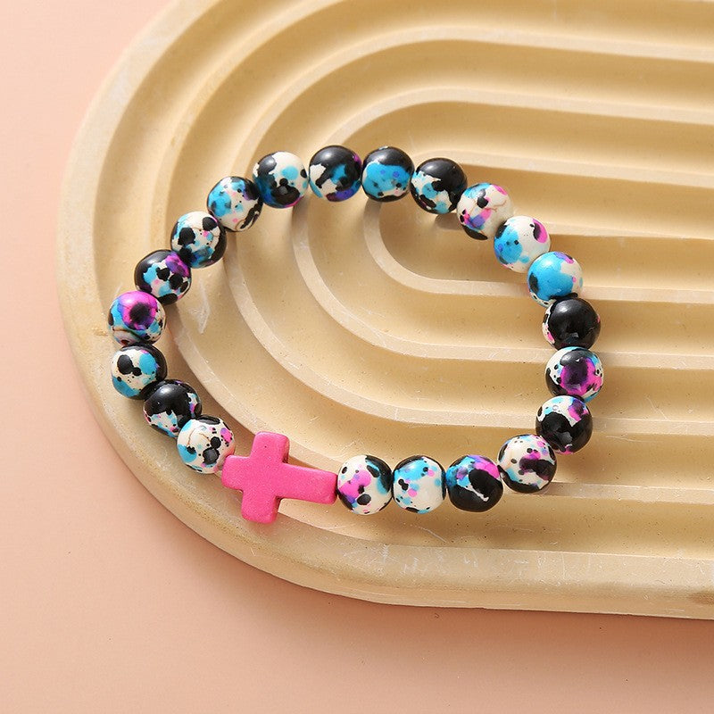 Women's Hand Cross Color Wooden Bead Beaded Bracelet