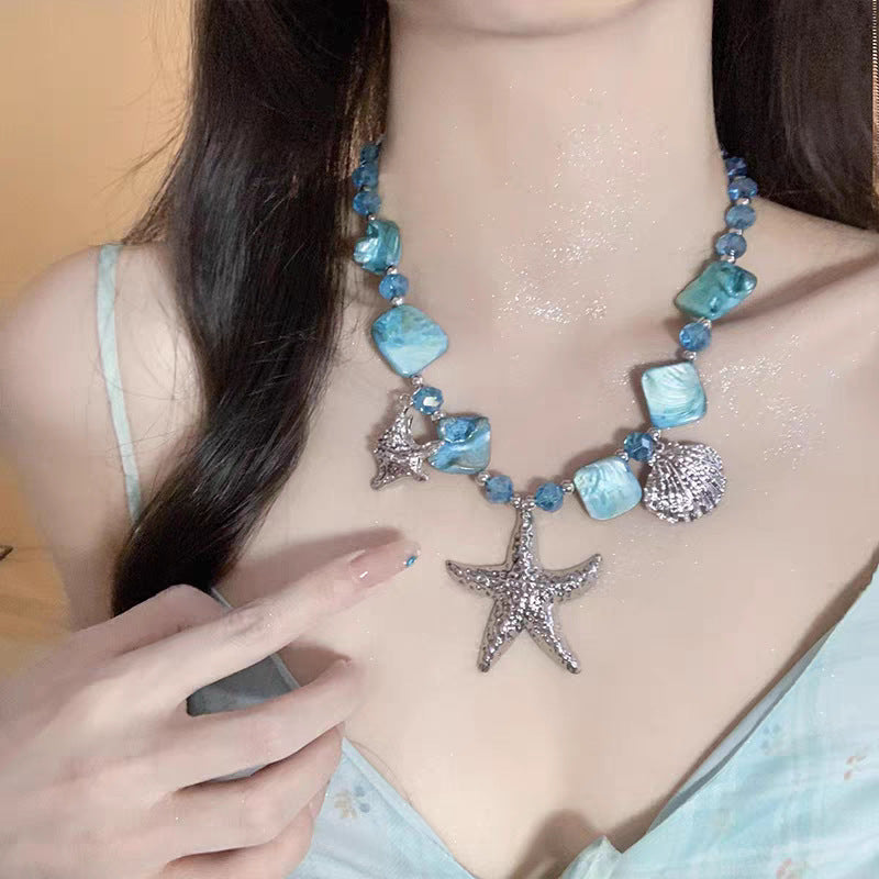 Vacation Style Blue Crystal String Beads Starfish Female Sweet Cute Necklace