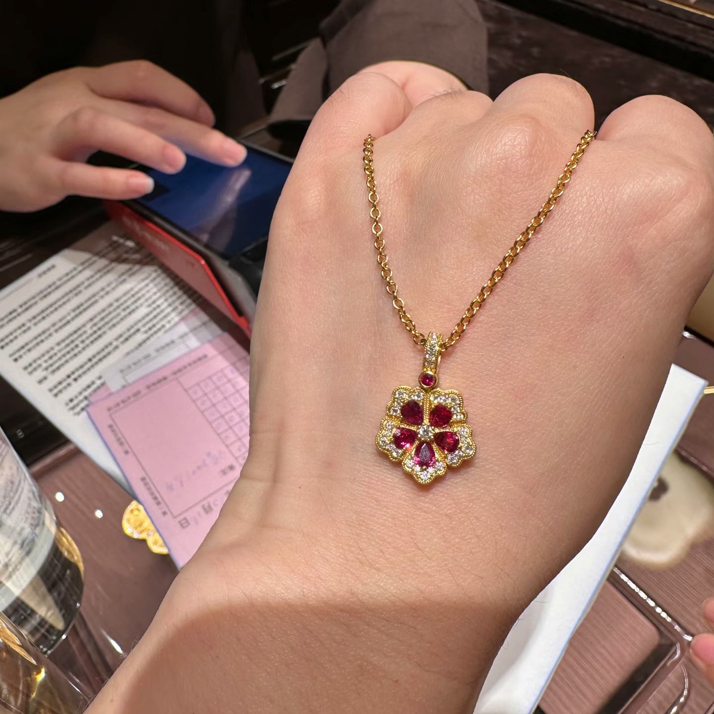 Women's Courtly Blossoms Five Petal Flower Parthenocissus Grass Chinese Red Peony Rings