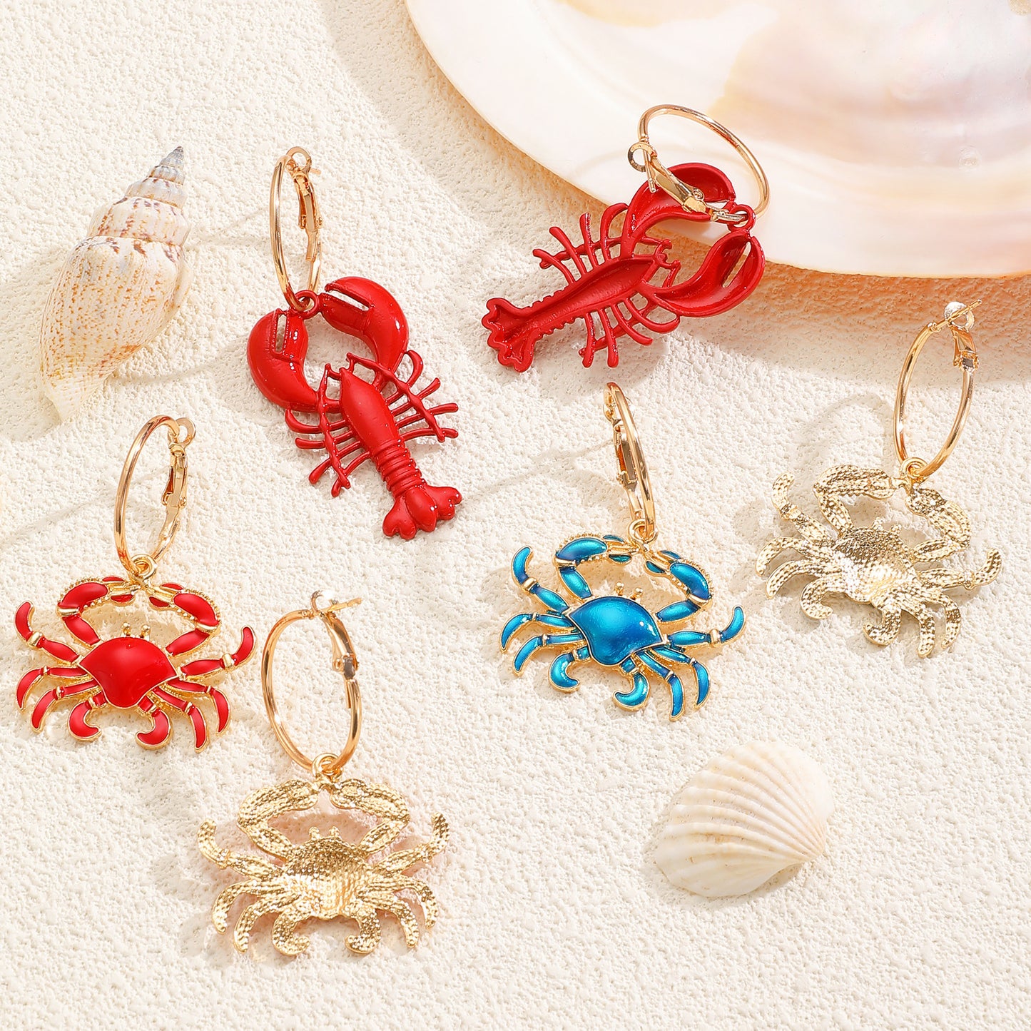 Women's Beach Ocean Vacation Style Alloy Dripping Oil Red Lobster Blue Earrings