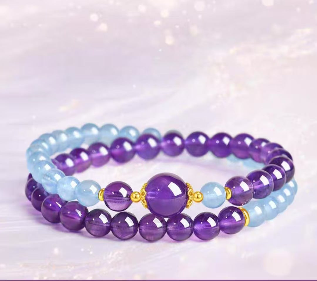 Women's & Men's Obsidian Aquamarine Double Crystal Lucky Beads Bracelets