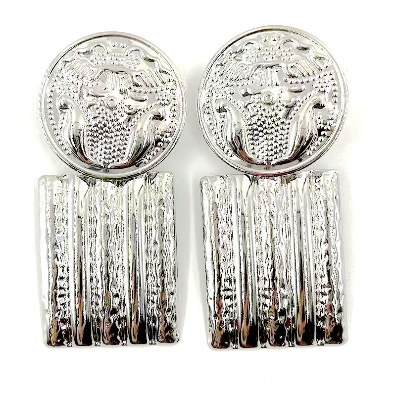 Court Style Geometric Three-dimensional Carved Round Badge Long Block Earrings