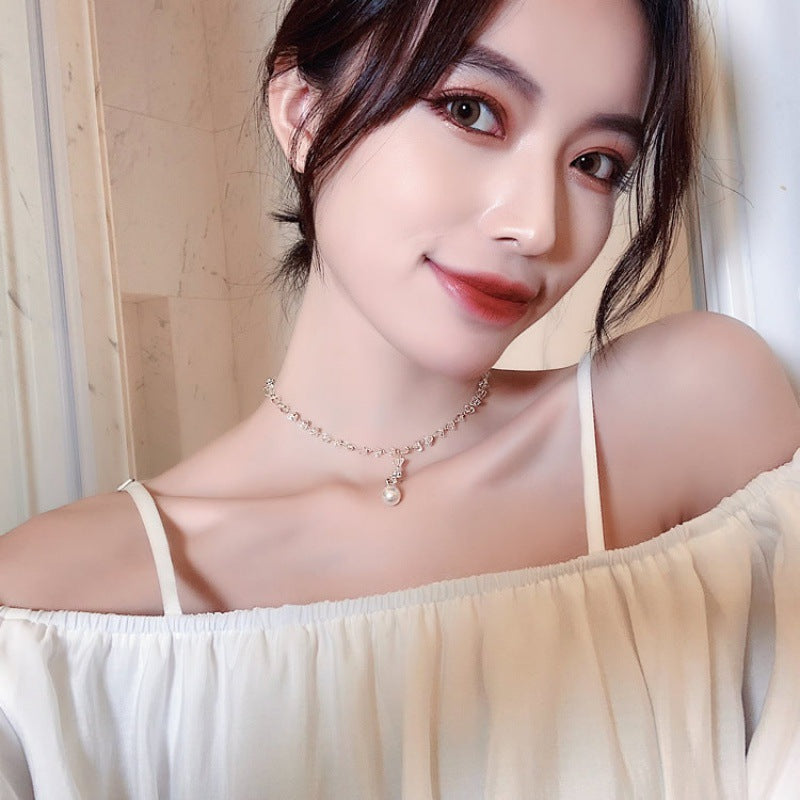 Women's Temperamental Minority Design Crystal Pearl For Indifference Trend Clavicle Collar