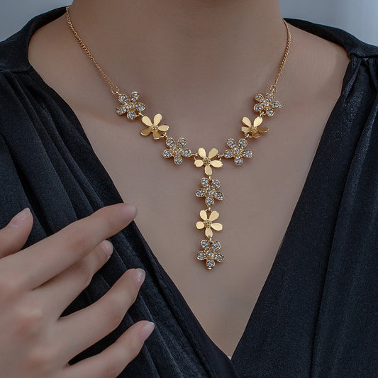 Women's Full Diamond Flower Temperament Twin Double Necklaces