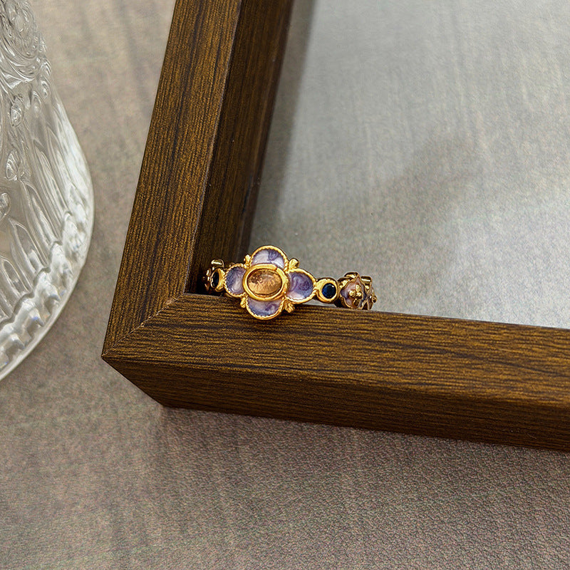 Luxury Retro Flower Auspicious Cloud Purple Enamel Open Niche Twin Rings
