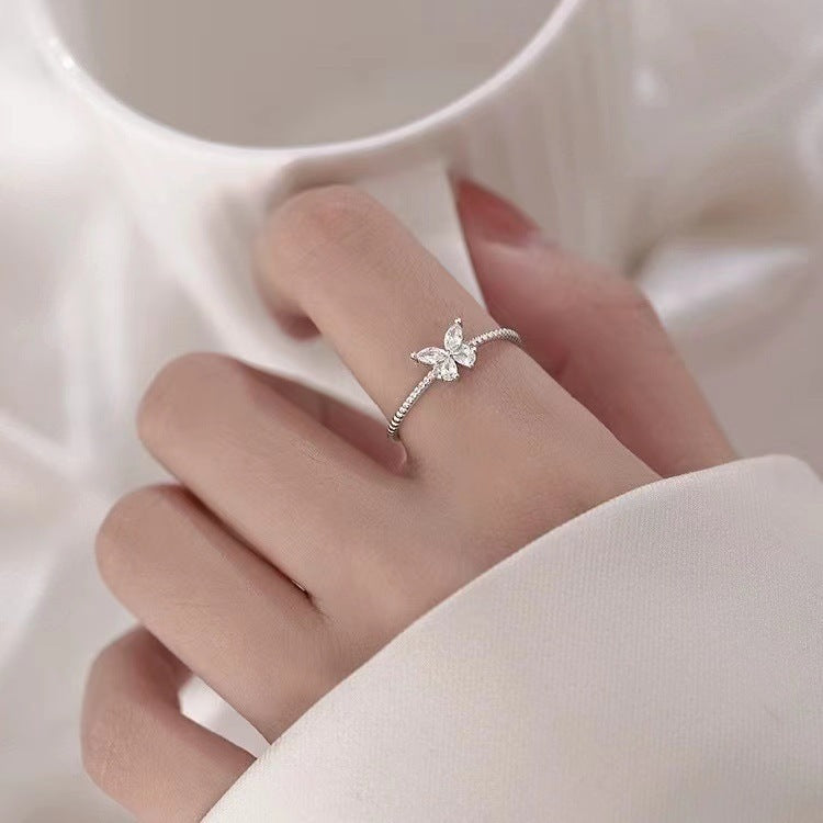 Rhinestone Butterfly Female Light Luxury Minority Design Adjustable Open Ring