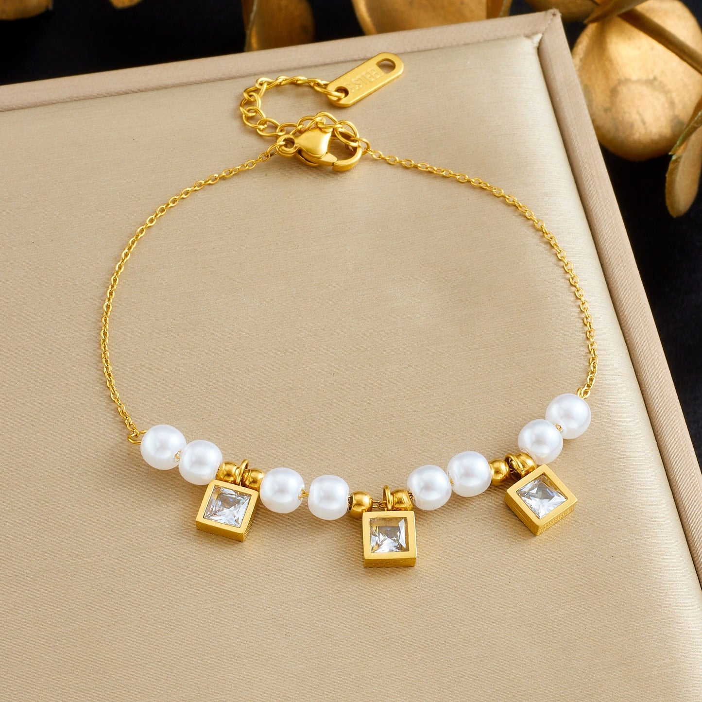 Women's Diamond Square Pearl Chain Gold Plated Bracelet