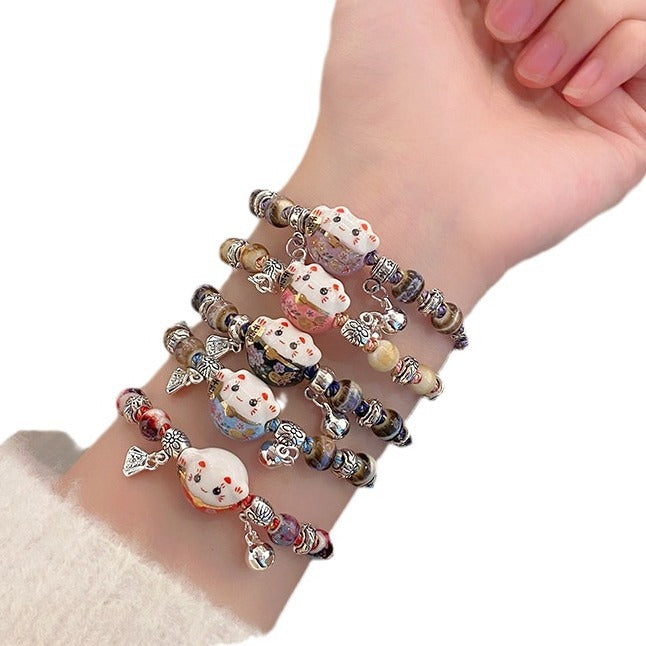 Artistic Fresh Woven Ceramic Lucky Cat Carrying Bracelets