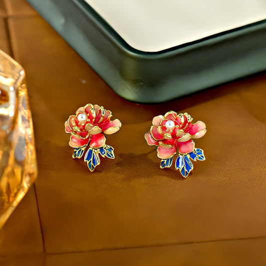 Peony Flower Light Luxury High Sense Glaze Earrings