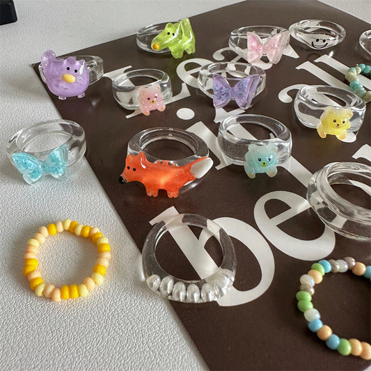 Cartoon Puppy Smiley Face Resin Color Transparent Rings