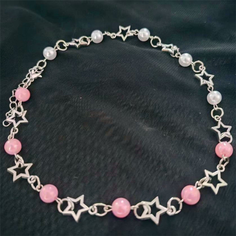 Pop Punk Hollow Pentagram Imitation Pearl Necklace