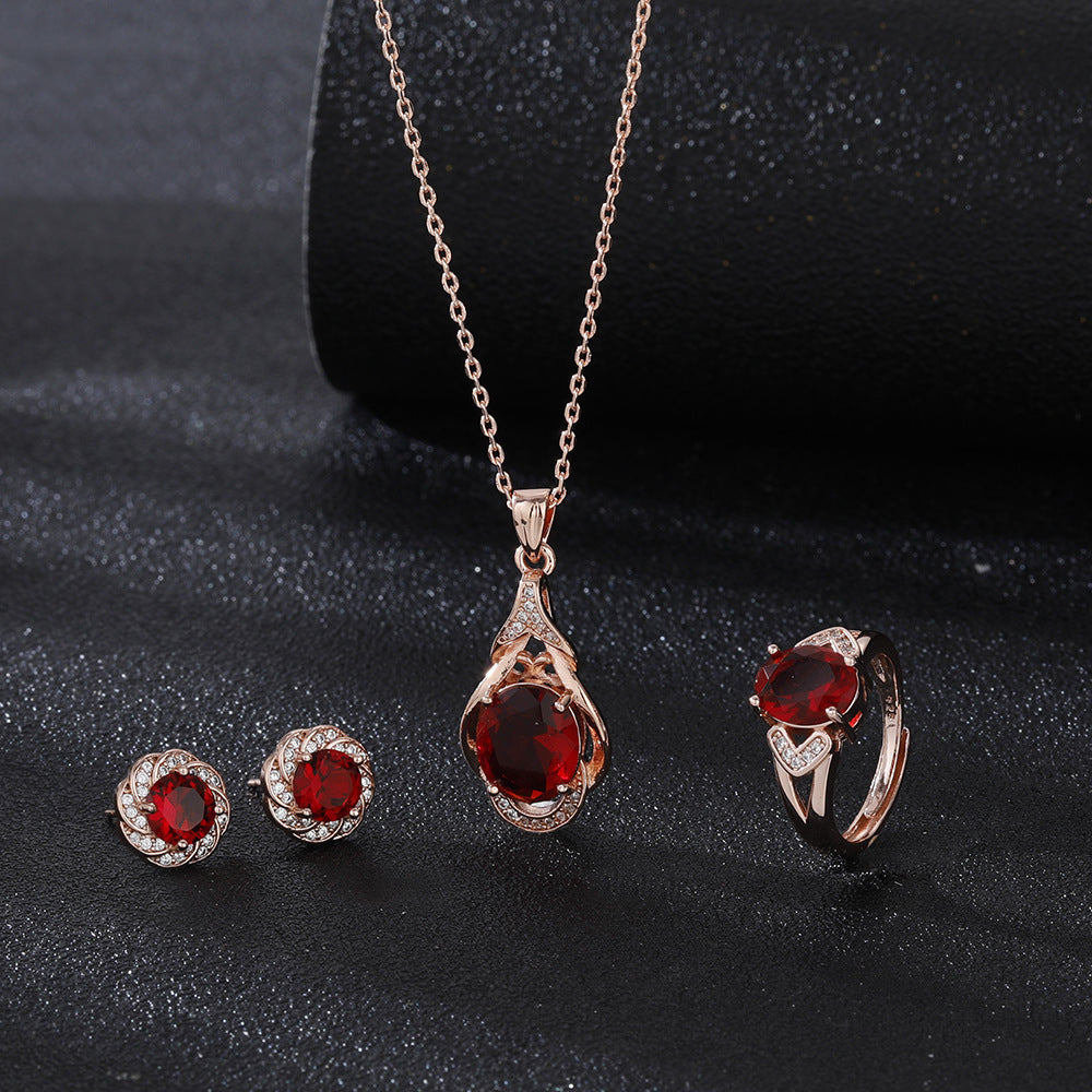 Live Broadcast Three-piece Colored Gems Ear Combination Personality Necklaces