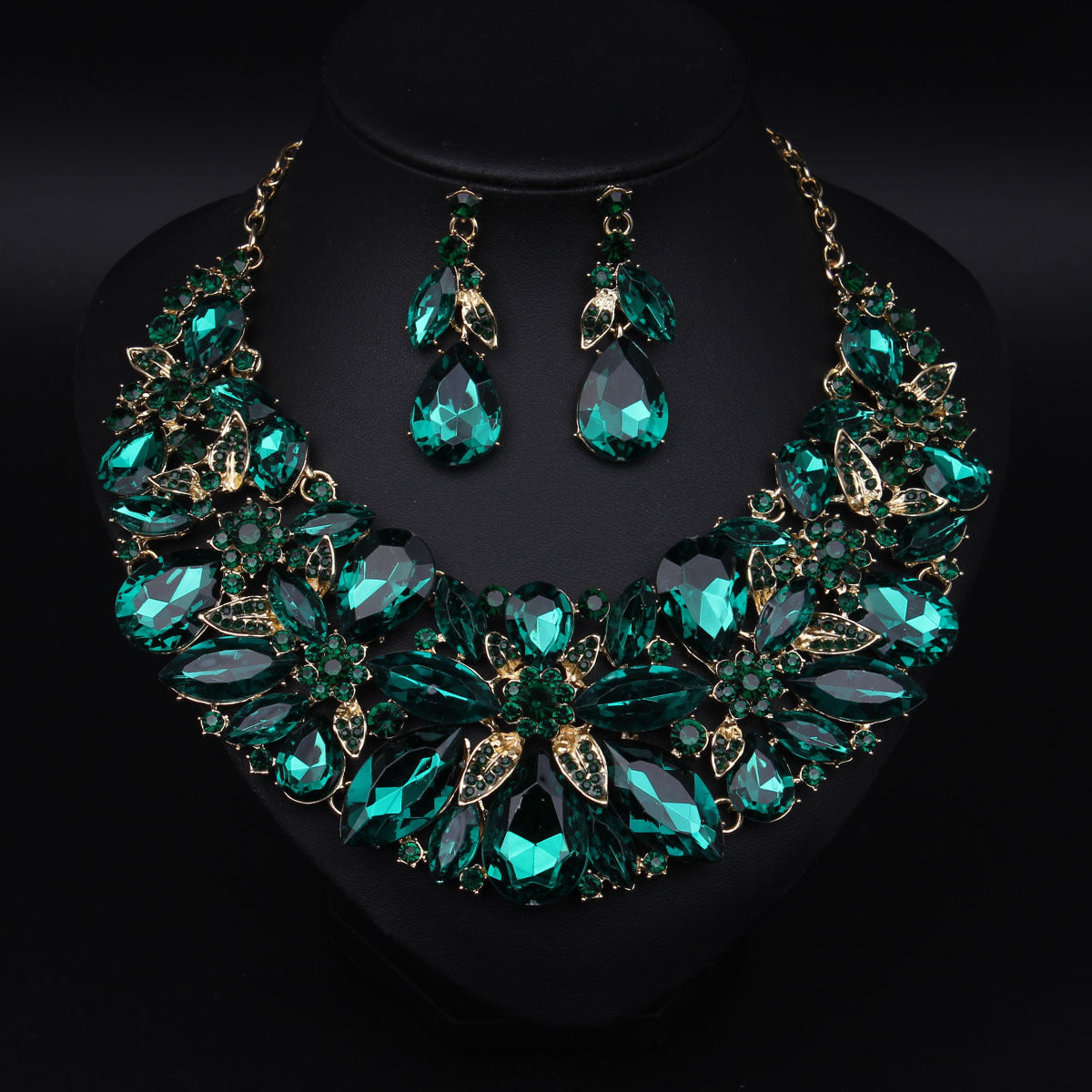 Fashion Exaggerated Gemstone Leaves Suite Luxury Dress Banquet Jewelry Set