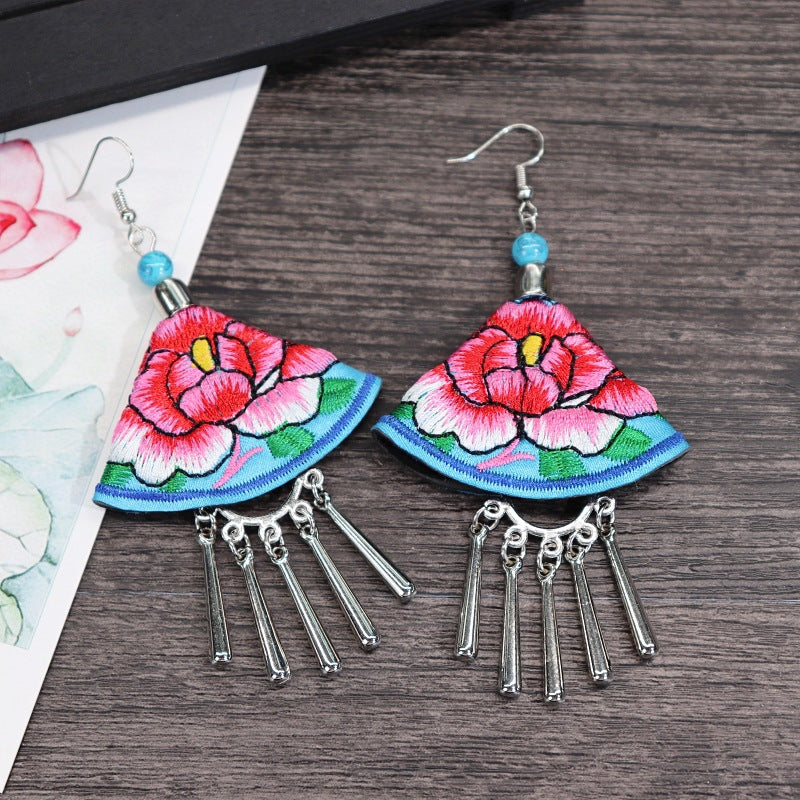 Women's Retro Ethnic Style Handmade Embroidered Fabric Long Flower Earrings