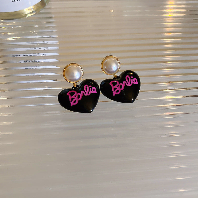 Drop Oil Barbie Letter Love Heart Imitation Pearl Earrings