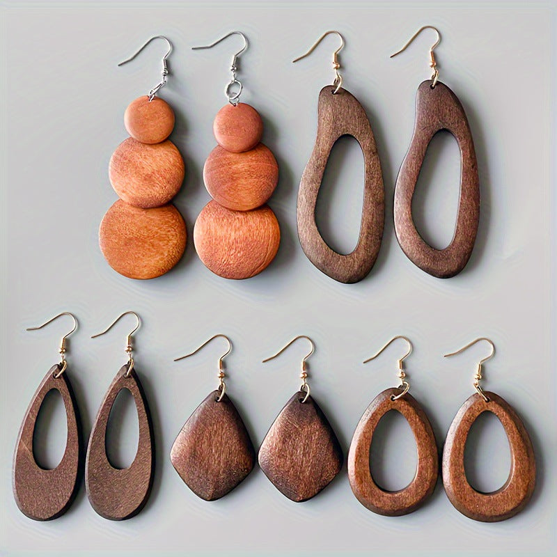 Women's Pairs Solid Wood Geometric Modeling Retro Design Exaggerated Earrings